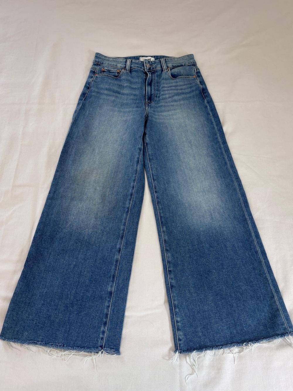 Paige Anessa Wide Leg High Rise Blue Denim Jeans Cropped Raw Hem Women's 26x25